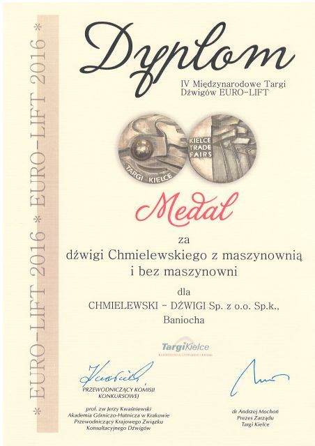 Medal IV Międzynarodowych Targów Dźwigów EURO-LIFT za dźwigi Chmielewskiego z maszynownią i bez maszynowni - dyplom